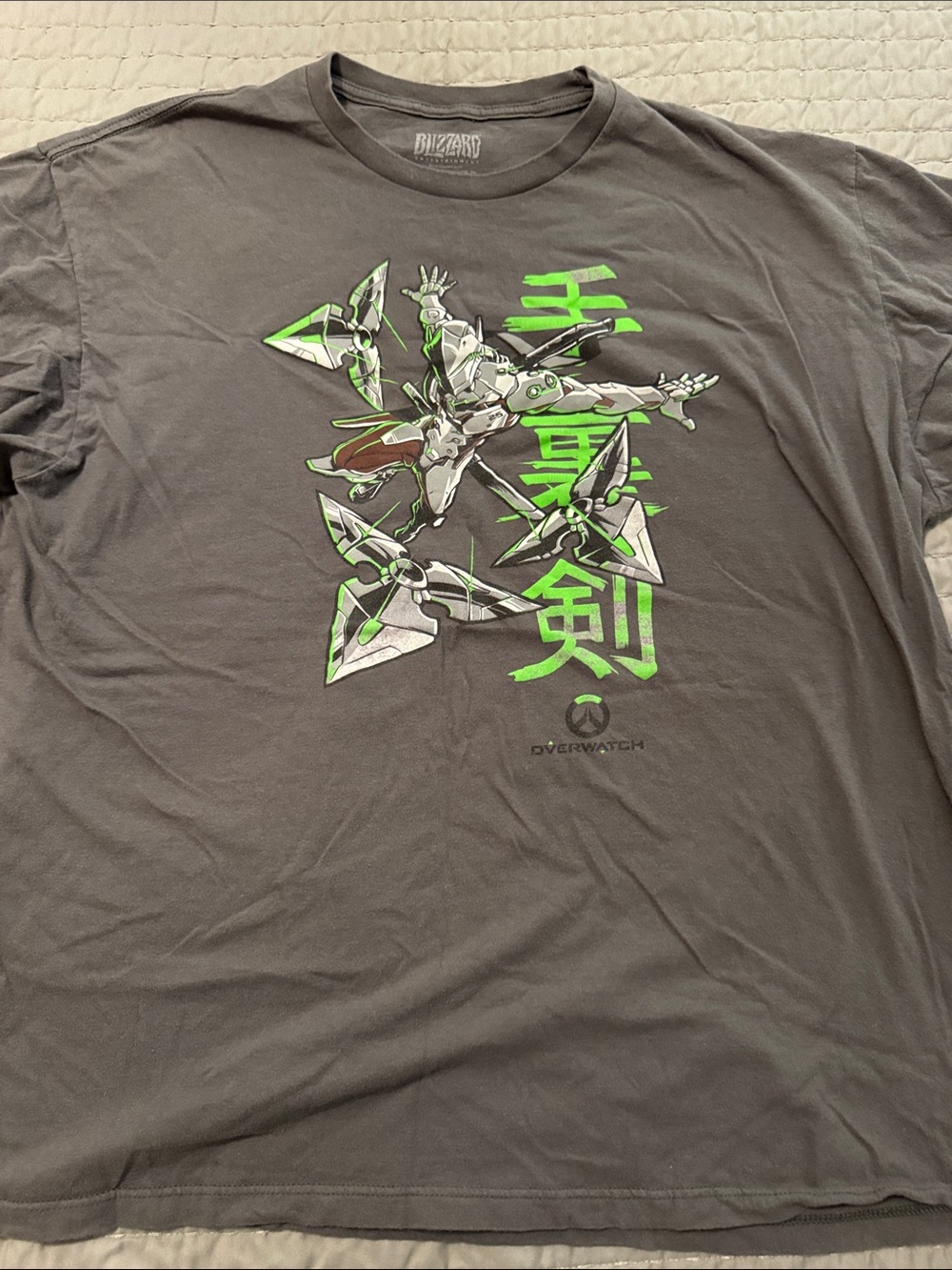 Overwatch Genji Short Sleeve Graphic Tee - Gray with Green Print